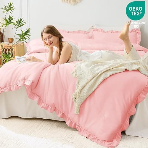 FUANNA Pink Queen Comforter Set, 3 Pieces Ruffle Queen Bed Set, Fluffy Bed in a Bag Queen for All Seasons, Shabby Chic Bedding Comforter Sets with 1 Lightweight Comforter & 2 Pillowshams thumbnail 3
