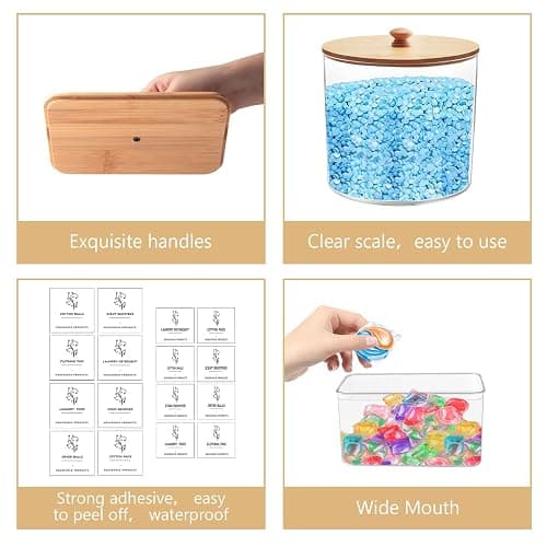 3 Stück Waschmittel Pods Aufbewahrung, Wäsche Pods Behälter mit Etiketten und Löffeln, Waschpulver Aufbewahrungsbox mit Deckel Waschküche Organizer für Pulver Perlen Duft-Booster Trockner Blatt thumbnail 5