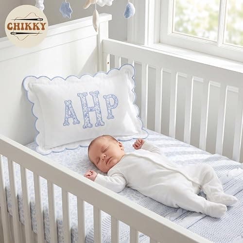 Chikky Personalized Embroidered Pillowcase - Custom Monogrammed Pillow Cover with Scalloped Edge, Ruffle Trim for Nursery Decor, New Home, Housewarming - New Mom, Toddler, Baby Gift Ideas, 02 thumbnail 3