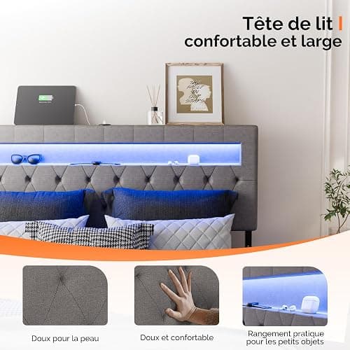 Bonnlo Lit 140 x 190 avec Sommier, Lit 2 Personnes Flottant avec Éclairage LED et Ports USB/Type-C, Tête de Lit Tapissée avec Rangement, Structure Stable en Métal, Tissu en Lin Gris thumbnail 5