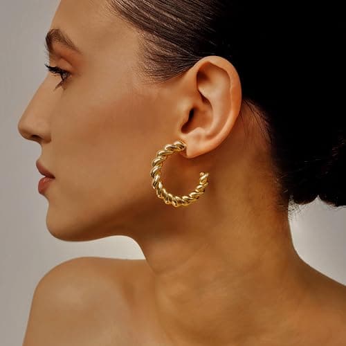 12 Pairs Chunky Gold Hoop Earrings for Women Trendy, Gold Plated Lightweight Hypoallergenic Stack, Thick Open Twisted Huggie Hoops Earring Set - Gold Chunky thumbnail 3