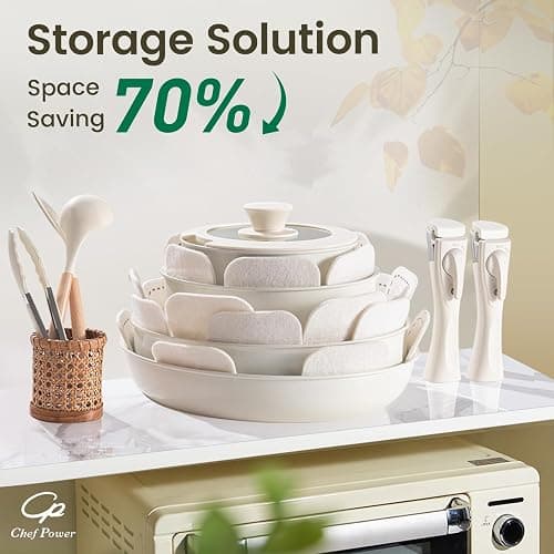 Chef Power Ceramic Cookware Set Non Toxic with Detachable Handles, Healthy Nonstick Pans and Pots Set 19 Pcs, Induction Dishwasher Oven Safe Kitchen Set, PFAS PFOA & PTFE Free, Cream White thumbnail 4