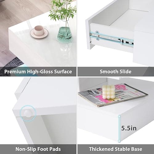 Verano Garden Modern High Gloss LED Coffee Table with Storage, 2-Tier Center Table with Open Display Shelf & 2 Sliding Drawers, Rectangle Coffee Tables for Living Room, Bedroom thumbnail 4