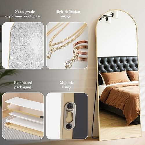 DUMOS 64"x21" Arched Full Length Floor Mirror, Full Body Mirror, Gold | Shatterproof Tempered Glass, Modern Aluminum Alloy Frame, Free Standing or Leaning for Home Decor thumbnail 6