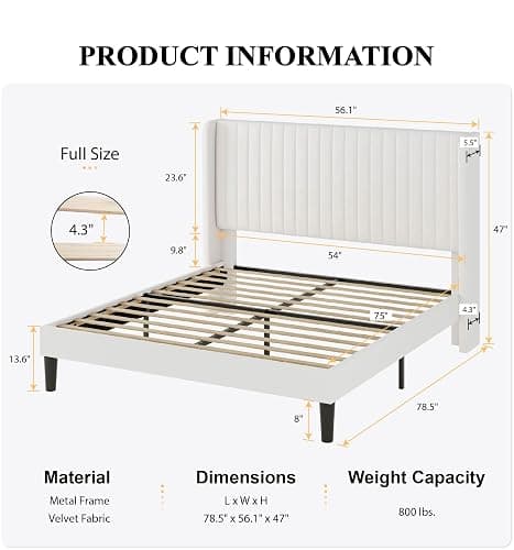 SHA CERLIN Full Size Velvet Bed Frame with Vertical Channel Tufted Wingback Headboard, Upholstered Platform Bed with Wood Slats, No Box Spring Needed, Easy Assembly, White thumbnail 2