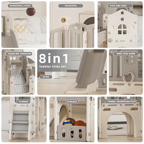 KORIMEFA Toddler Slide Set, 8 in 1 Kids Slide, Indoor Outdoor Slide for Toddlers Age 1-3, Toddler Playset with Basketball Hoop and Tunnel, Toddler Indoor Outdoor Playground thumbnail 4