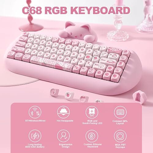 YUNZII C68 Wireless Mechanical Keyboard,65% Layout,Hot Swap,Triple Mode BT5.0/2.4G/Wired, RGB Backlit NKRO,Cute Cat Silicone Ergonomic Design for Win/Mac (Pink, Milk Switch) thumbnail 2