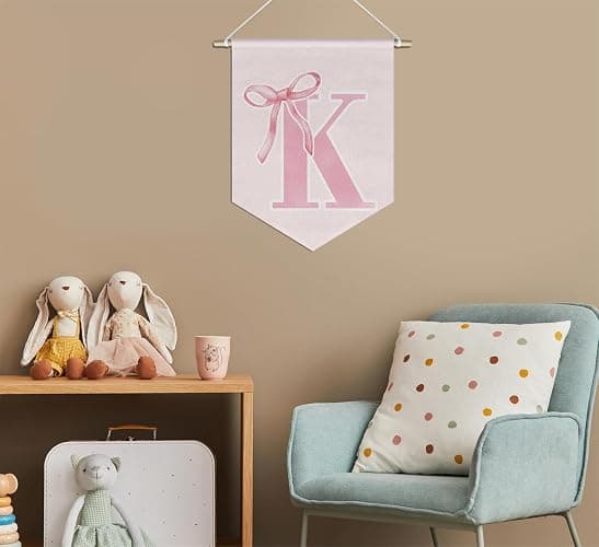 foedor initial Personalized Preppy Canvas Hanging Pennant Flag Banner, Coquette Pink Bow Teen Girl Gifts,Trendy Cute Monogrammed Gifts Wall Decor for Women Teen Girl Nursery bedroom(K) thumbnail 5