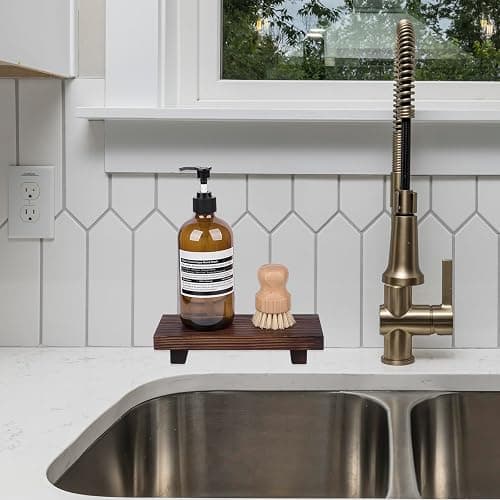 Bathroom Counter Organizer Wood Pedestal Stand Farmhouse Decorative Tray Soap Holder for Kitchen Decor, Small, Dark Brown thumbnail 6