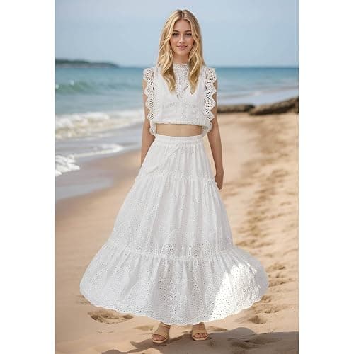 CHICWISH Women Summer Boho Maxi Skirt Eyelet Embroidery Elastic Waist Tassel String Casual Cotton Beach Vacation Long Skirts thumbnail 2