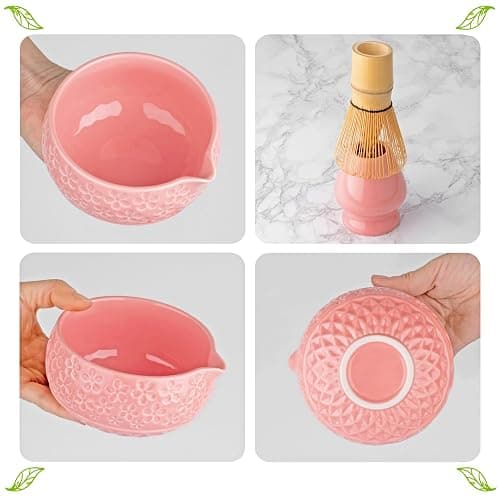 Marce Matcha Whisk Set- Matcha Set includes Matcha Whisk and Bowl with Spout, Sifter, Holder and Scoop- The Perfect Bamboo Whisk for Matcha Tea (Pink Flowers) thumbnail 4