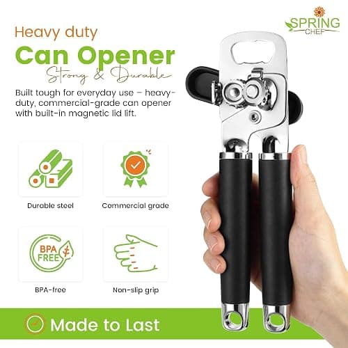 Spring Chef Stainless Steel Can Opener - Manual with Soft Grip Handles, Easy Turn, Heavy Duty Hand Can Openers for Seniors with Smooth Edge - Magnetic Lid Remover - Black thumbnail 2