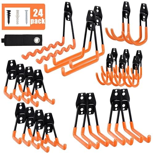 AOBEN 24PCS Garage Hooks, Heavy Duty Double Garage Hanger Organizer Wall Mount Iron Anti-Slip Garage Storage Hooks for Ladder, Power Tool,Bike,Ropes(23 Hooks & 1 hoder Strap-Orange - Image 1