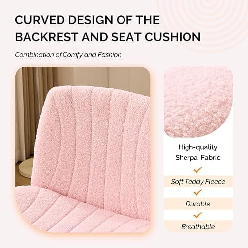 VINGLI Criss Cross Legged Chair,Wide Comfy Office Desk Chair,Dual-Use with/no Wheels Computer Task Chair,Swivel Armless Vanity Boucle Chair for Study,Make Up,Home Office,Teddy Fleece,Pink thumbnail 5
