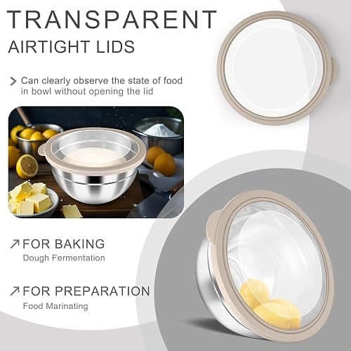 HaWare Mixing Bowls with Clear Airtight Lids, Stainless Steel Nesting Bowls | 6-Piece Metal Salad Bowl for Cooking, Prepping, Baking, Serving & Food Storage, Size 4.6, 3, 1.5QT, Khaki thumbnail 4