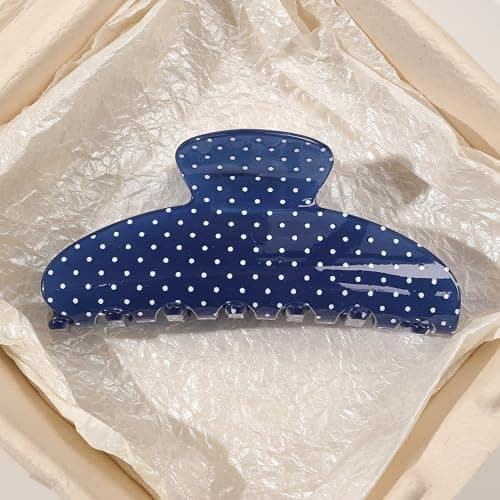 Acetate Hair Claw Clip for Women, 3.8-Inch Blue Polka Dot Big Hair Clips Strong Hold No Slip Claw Clips for Thick or Thin Hair, Includes 2 Black Satin Scrunchies thumbnail 4