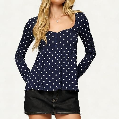 Baynoyia Women Babydoll Shirt Long Sleeve Henley Polka Dot Peplum Top Y2K | Button Up Neck thumbnail 3