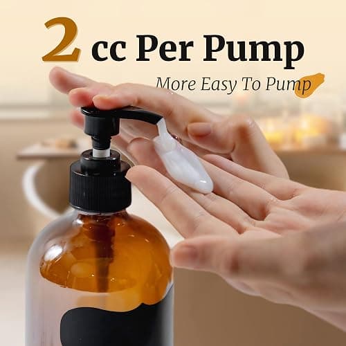 PrettyCare Set of 2 16oz Amber Glass Bottles with Black Pumps - Leak-Proof, Refillable Empty Dispenser for Shampoo, Conditioner & Thick Liquids - with Waterproof Labels thumbnail 6
