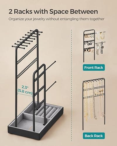 SONGMICS Jewelry Holder, Jewelry Organizer, Jewelry Display Stand with Metal Frame and Velvet Tray, Necklace Earring Bracelet Holder, for Studs, Rings, Christmas Gift, Black UJJS021B01 thumbnail 4
