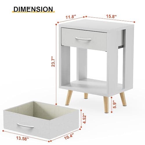 Nightstands Set of 2 with Fabric Storage Drawer and Open Wood Shelf, Side Table with Storage for Bedroom, Bedside Tables - 23.7" H White thumbnail 3
