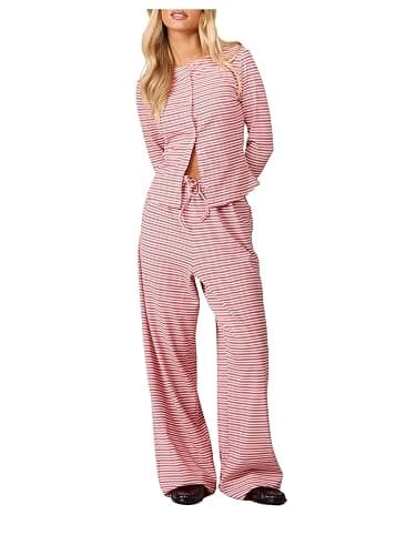  Women's 2 Piece Sets Striped Button Down Shirts Pants | Fall Outfits, Long Sleeve Shirts, Wide Leg Pants, Matching Set, Loungewear - Image 1