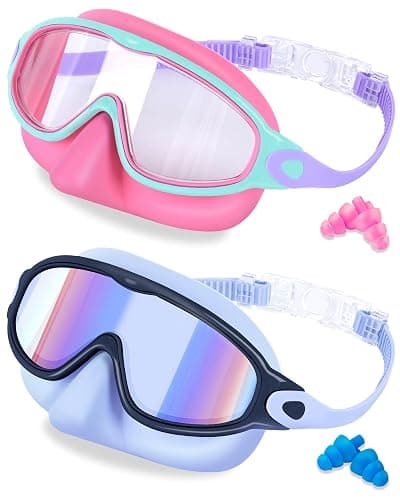 Keary 2 Pack Kids Swim Goggles with Nose Cover for 3-12 Anti-UV Anti-Fog Pool Water Swimming Goggles Boys Girls Youth Toddler - Pink & Bule - Image 1