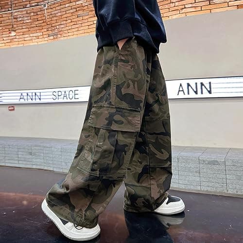 Baggy Pants Kids Camo Camouflage Wide Leg Streetwear Uncuffed Boys Loose Fit Cargo Elastic Waist with Multi Pockets Boys thumbnail 4