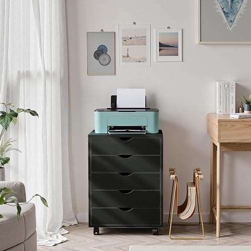 OLIXIS 5 Drawer Mobile File Cabinet Under Desk Storage Organization with Wheels Vertical Filing Chest Rolling Wood Small Desk Printer Stand for Home Office, 15.75"D x 18.74"W x 25.39"H, Black thumbnail 2