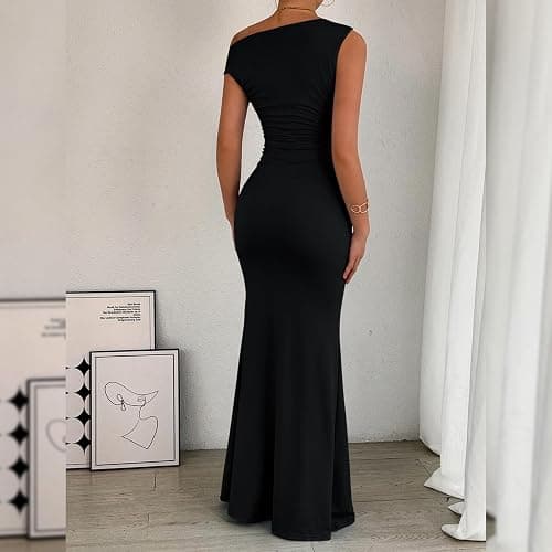 Gkaopi Robe Femme Sexy sans Manches Une Épaule Robes Longue Moulante Elégant Bodycon Maxi Robe de Soirée D'éte Décontracté Plissée Couleur Unie Wrap Robes pour Clubbing Cocktail Prom Fête thumbnail 6