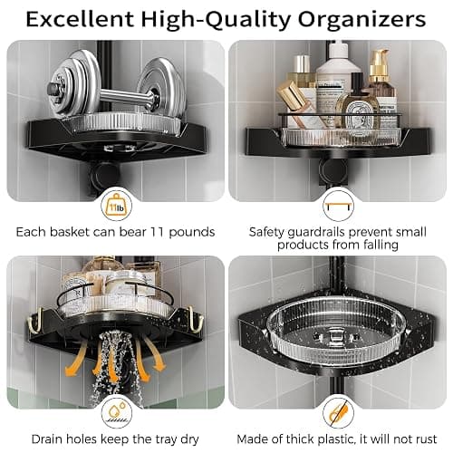 shuang qing 360° Rotating Corner Shower Caddy Tension Pole Organizer - 4-Tier Adjustable Rustproof Metal Pole, Plastic Shelves with Safety Guardrail, Bathroom Storage for Shower & Bathtub(Black) thumbnail 5