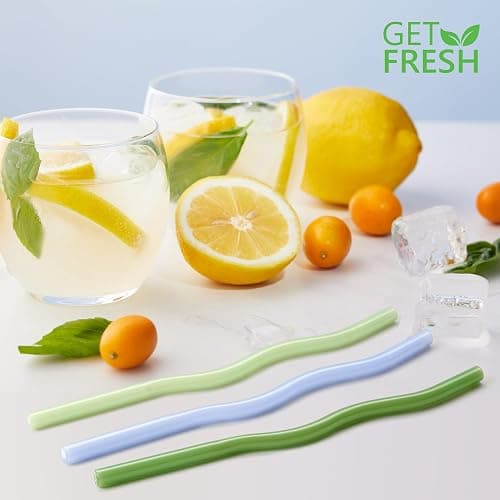 GET FRESH Reusable Wavy Glass Drinking Straws Set - 6pcs Colored Straws from Borosilicate Shatter Resistant Glass - Coloured Dishwasher Safe Wavy Cocktail Straws thumbnail 5