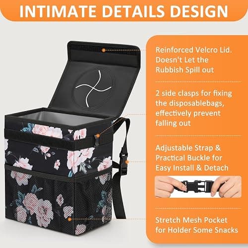 Vankor Car Trash Can with Lid Leak Proof Car Accessories for Women | 2.2 Gallon Cute Hanging Car Trash Bin for Men Car Truck Vehicle Sedan Interior Automotive Garbage Cans, Black Floral thumbnail 4