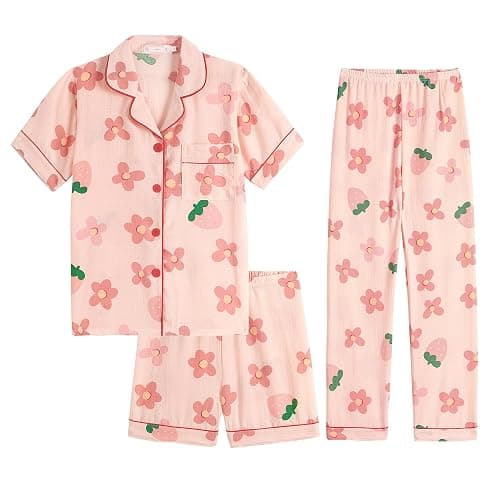 Hupohoi Big Girls Button Down Pajama Set 3pcs Short Sleeve Long Pants with Shorts Crepe Wrinkled Fabric Sleepwear Nighty - Image 1