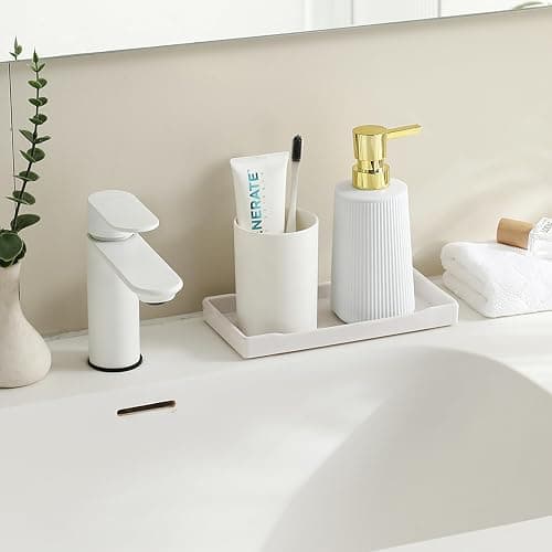 Small Soap Dispenser for Bathroom and Kitchen, Modern Farmhouse Striped Style Plastic Hand Soap Dish Soap Dispenser with Pump Matte White and Gold thumbnail 2