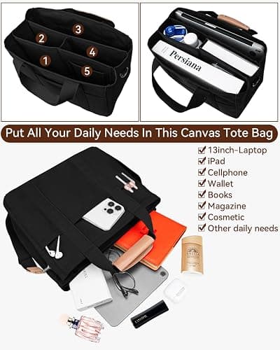 Canvas Tote Bag with Multi-Pocket for Women Large Crossbody Shoulder Handbag Everything Tote Bag with Compartments thumbnail 4