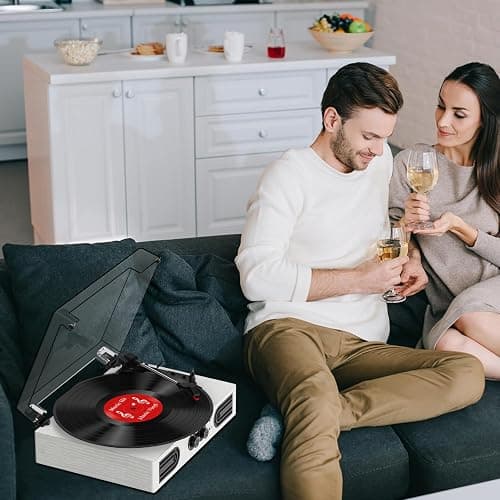 VinylsLink Vinyl Record Player with Built-in Stereo Speakers and Bass Adjust, Portable Vintage 3-Speed Belt-Driven, Bluetooth Input, RCA Line Out AUX in Headphone Jack, White Wood thumbnail 9