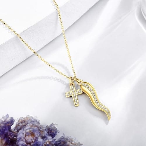 AXOMY Cornicello Necklace 925 Sterling Silver Italian Horn Necklace Cross Pendant Good Luck Protection Amulet Jewelry Gift for Women thumbnail 2