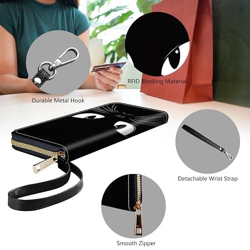 DHYYDSQZ Womens Wallet, PU Leather RFID Cute Wristlet Wallets for Girls Women Ladies Purse Large Credit Card Clutch Purse Card Holder Coin Pocket Travel Wallets with Zipper, A Black Cat thumbnail 6