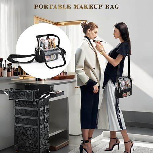 Stagiant Rolling Makeup Case 4 in 1 Cosmetology Case on Wheels Makeup Travel Case with Cosmetic Bag Key Swivel Wheels Salon Barber Case Traveling Cart Trunk Cosmetic Trolley Alpine Black thumbnail 4
