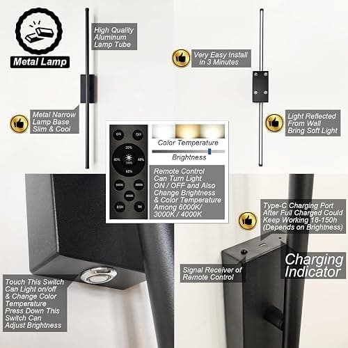 Easy Install Peel and Stick on Battery Operated Wall Sconces Set of 2 Rechargeable, Magnetic Linear Wall Sconce Wireless Long Picture Vanity Wall Light for Living Room Bedroom (2 Pack, 28.3'', Black) thumbnail 5