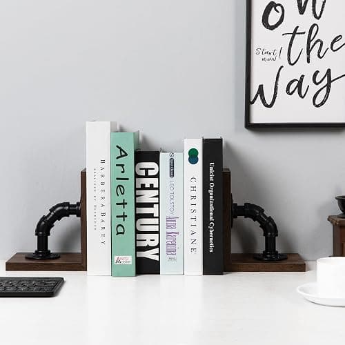 Rustic Decorative Wooden Tabletop Farmhouse Bookends for Heavy Books with Modern Industrial-Style Pipe Office Desktop Bookshelf Organizers Stoppers Holder Nonskid Shelf Decor 1-Pair (Dark Brown) thumbnail 2