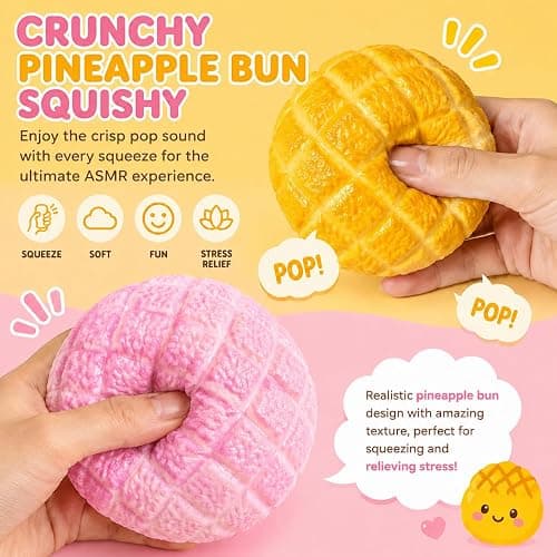 Crunchy Pineapple Bun Squishy - Bead Filled Squeeze Fidget Toy, Realistic Food Replica Design Sensory Squeeze Ball with Crunchy ASMR Feel for Adults，Pink thumbnail 3