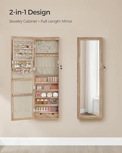 SONGMICS 6 LEDs Mirror Jewelry Cabinet, 47.2-Inch Tall Lockable Wall or Door Mounted Jewelry Armoire Organizer with Mirror, 2 Drawers, Christmas Gift, 3.9 x 14.6 x 47.2 Inches, Toasted Oak Color thumbnail 5