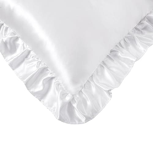 HommxJF Silky Satin Ruffled Pillow Cases for Hair and Skin,White Silk Pillowcases Queen Set of 2 with Envelope Closure Princess Room Decoration thumbnail 5