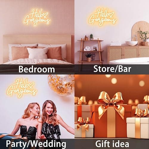 KUUNEON Hello Gorgeous Neon Signs for Wall Decor with Heart, Warm White Gorgeous LED Sign Lights for Bedroom Dorm Salon Wedding Party, 16"x12" Preppy Cute Room Decor Woman Cave - 100,000H Lifespan thumbnail 7