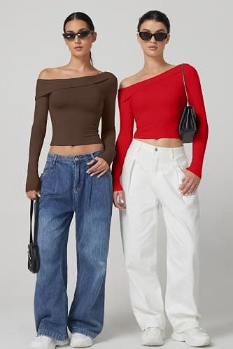 QINSEN Women Long Sleeve Off Shoulder Tops Trendy Double Lined Going Out Shirt for Fall thumbnail 3