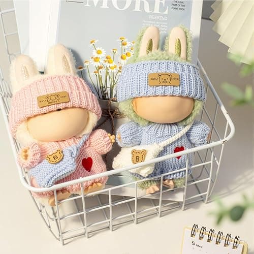 Clothes for LABUBU Doll (NO Doll), 3-Piece Handcrafted Crochet Accessories for LABUBU 17cm Dolls, Premium Outfits for LABUBU Unique Dress up - Heart Sweater + Hat + Bag (Pink) thumbnail 5