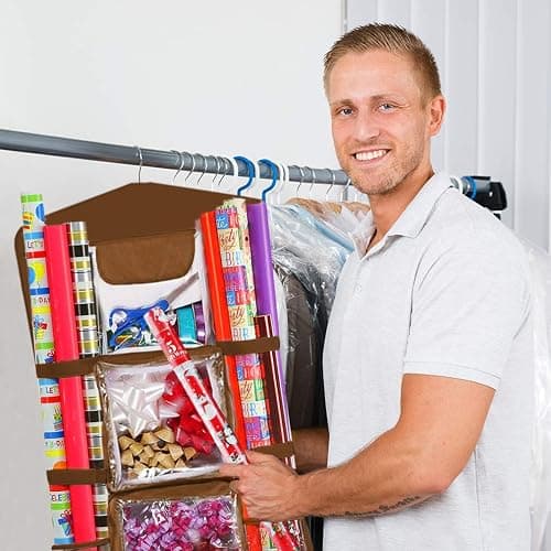 ProPik Hanging Double Sided Wrapping Paper Storage Organizer with Multiple Pockets, Organize your Gift Wrap, Gift Bags, Bows, Ribbons 40"X17" Fits 40 Inch Rolls Clear PVC Bag (Brown) thumbnail 2