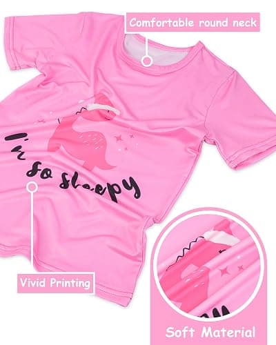 Nidoul Girls Pajamas Short Sleeve Toddler Summer Pjs Girls' Sleepwear 2 Pieces Lounge Sets Kids Clothes 3T-14Y - Pink Dino - 3-4T thumbnail 5