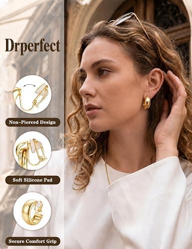 Drperfect Clip On Earrings for Women Non Pierced Earrings Set | Hypoallergenic Ears Clips, 14K Gold Plated CZ Pearl Knot Twist Chunky Hoop and Studs Earring, Fake Earrings Jewelry Gifts thumbnail 3